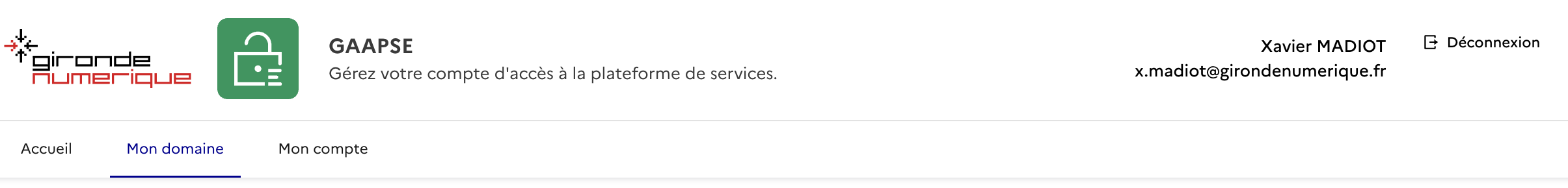 Menu Mon domaine pour un administrateur de collectivité