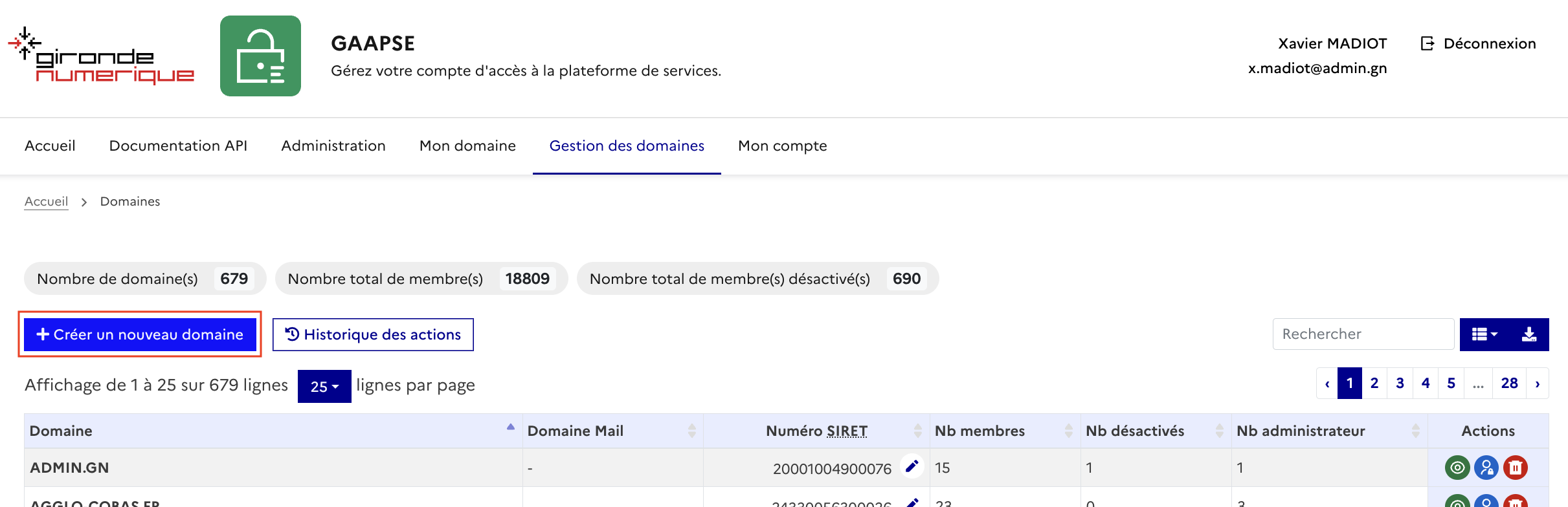 Liste des domaines dans Gestion des domaines