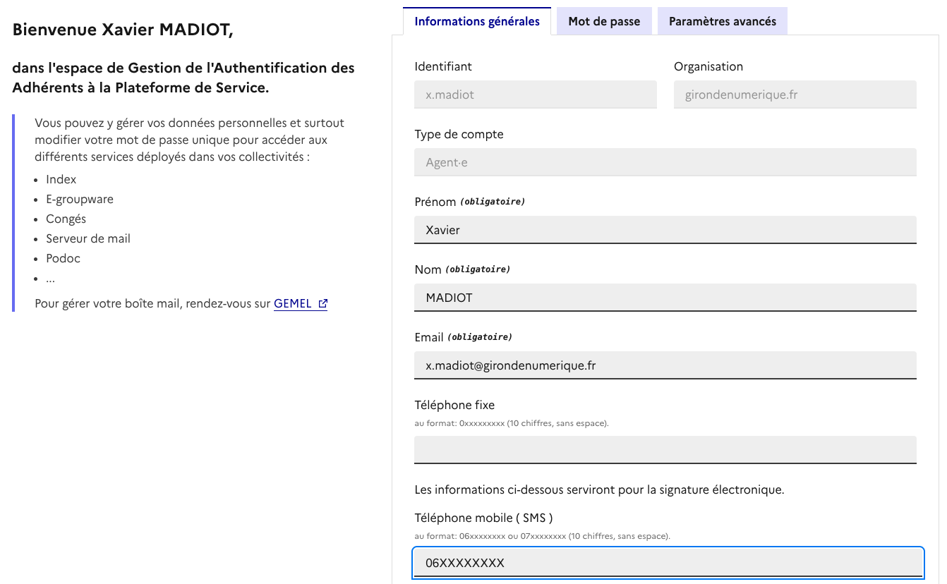 Onglet Informations générales de Mon compte