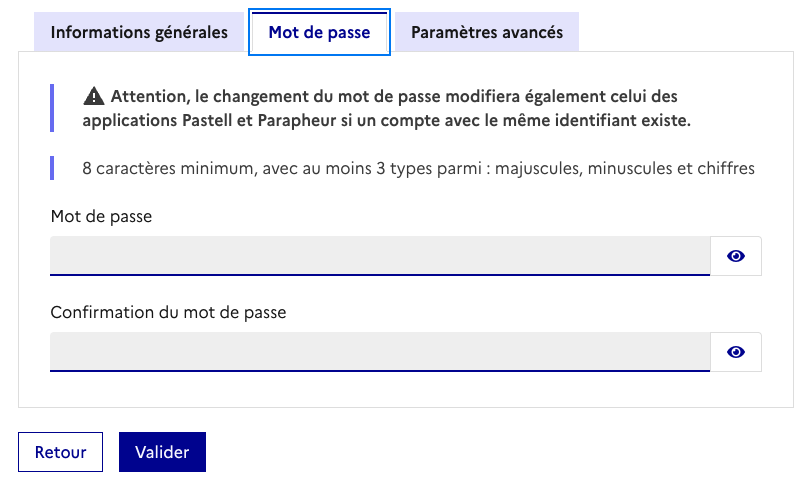 Onglet Mot de passe de Mon compte