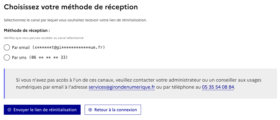 Choix du canal e-mail ou SMS pour recevoir le lien